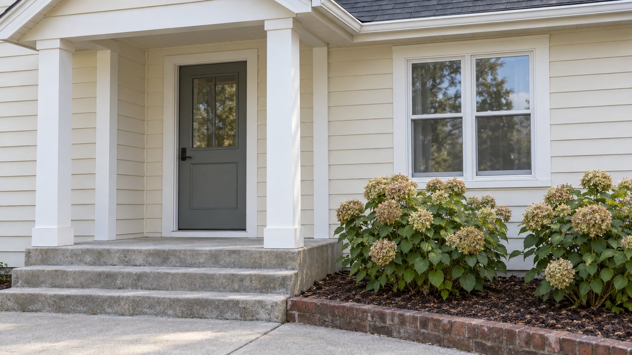 Ivory-sided home with a covered entry, gray glazed door, white-framed window, concrete steps, and two hydrangeas in a brick-edged bed.