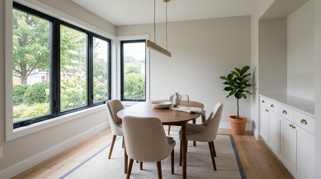 Walnut dining table with four oatmeal chairs beneath a brass pendant, beside a black-framed window and built-in sideboard.
