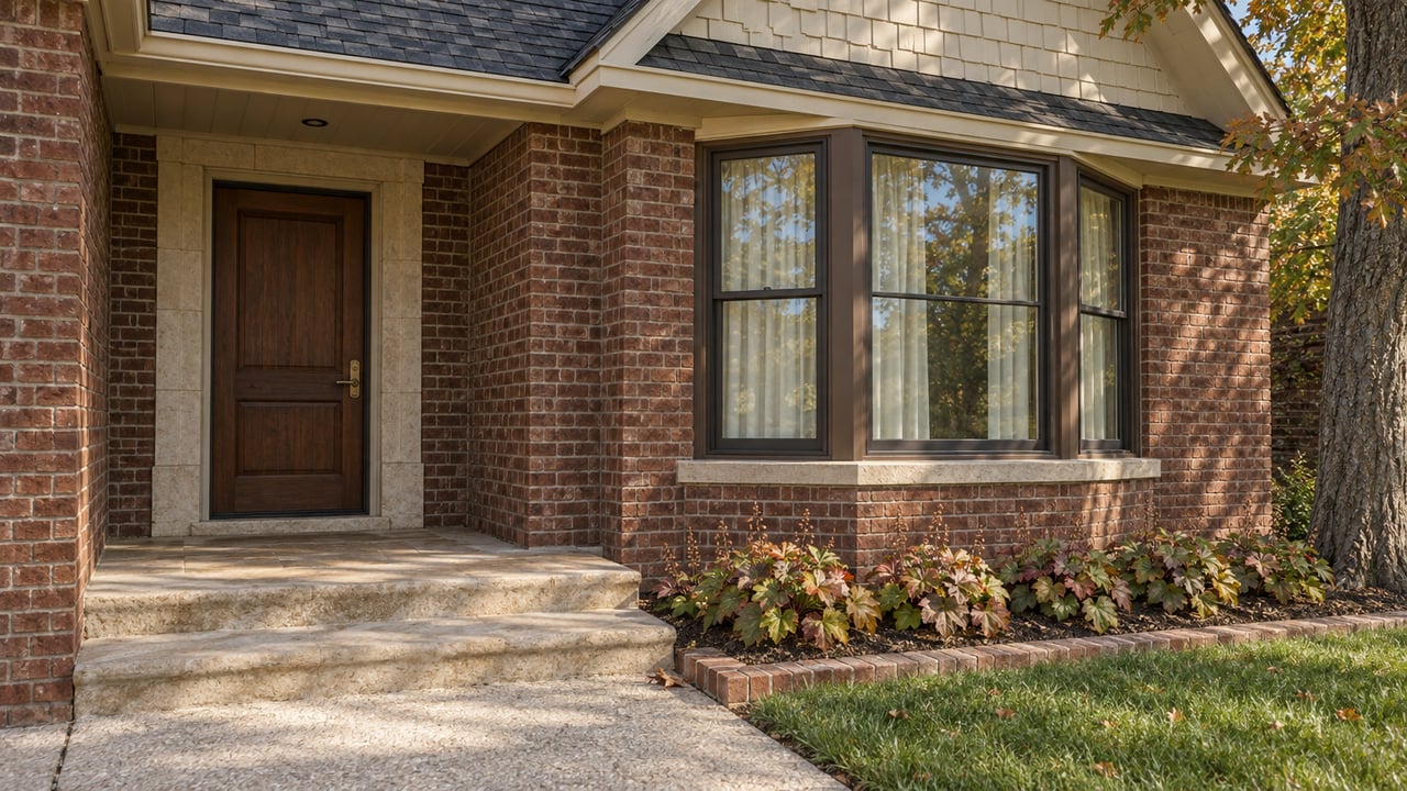 Brick house entrance with broad stone steps, a wooden door, and a large bay window.