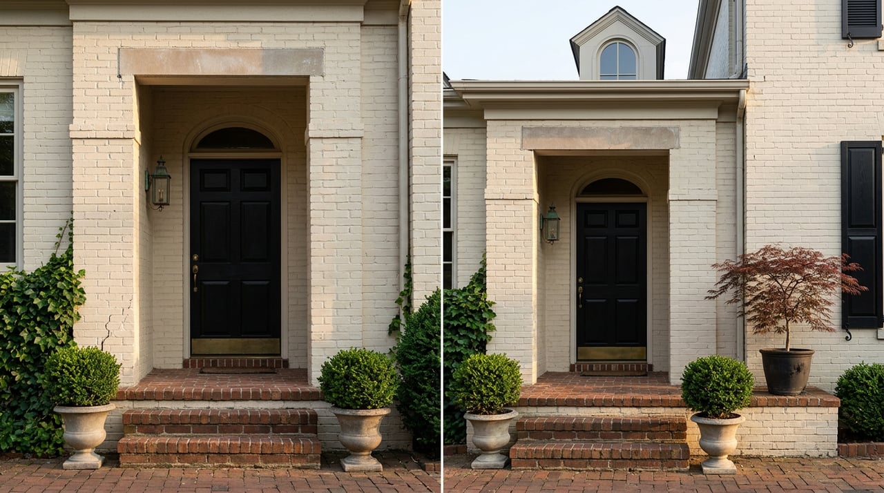 Recessed arched doorway in an ivory brick home, flanked by stone urns with clipped boxwood and a potted Japanese maple.
