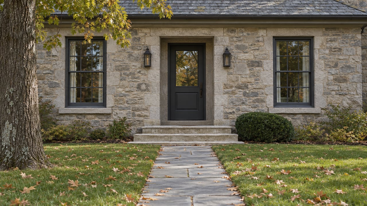 Stone house entry with a charcoal door, flanking sash windows, limestone steps, and a bluestone path across the lawn.