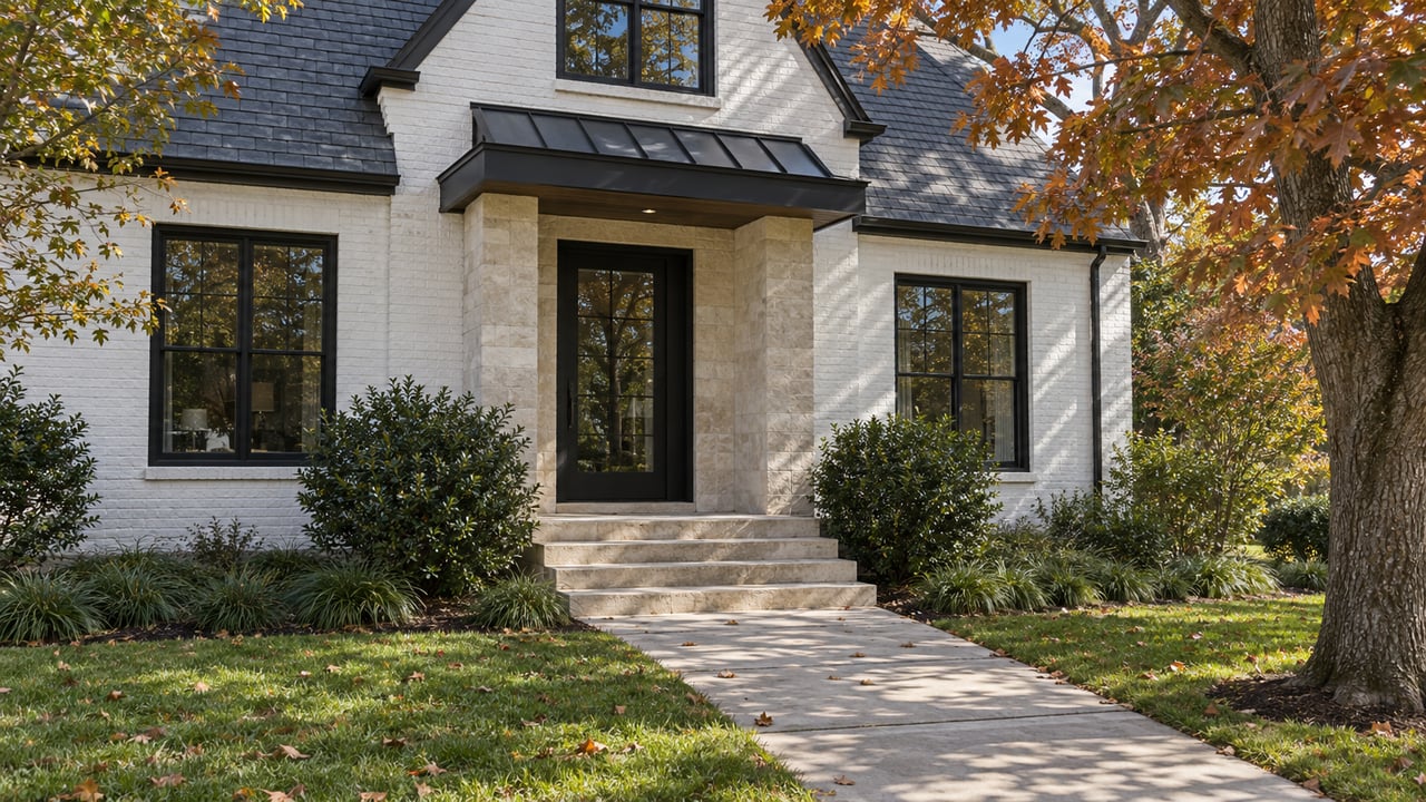 White brick house entry with limestone steps, charcoal canopy, black-framed windows, and copper oak leaves.