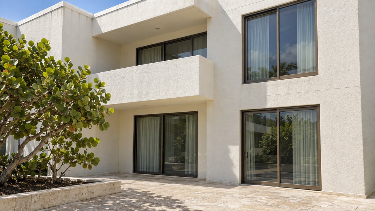 Sunlit white-stucco condominium facade with bronze-framed glazing, a solid balcony parapet, limestone paving, and a sea grape specimen.