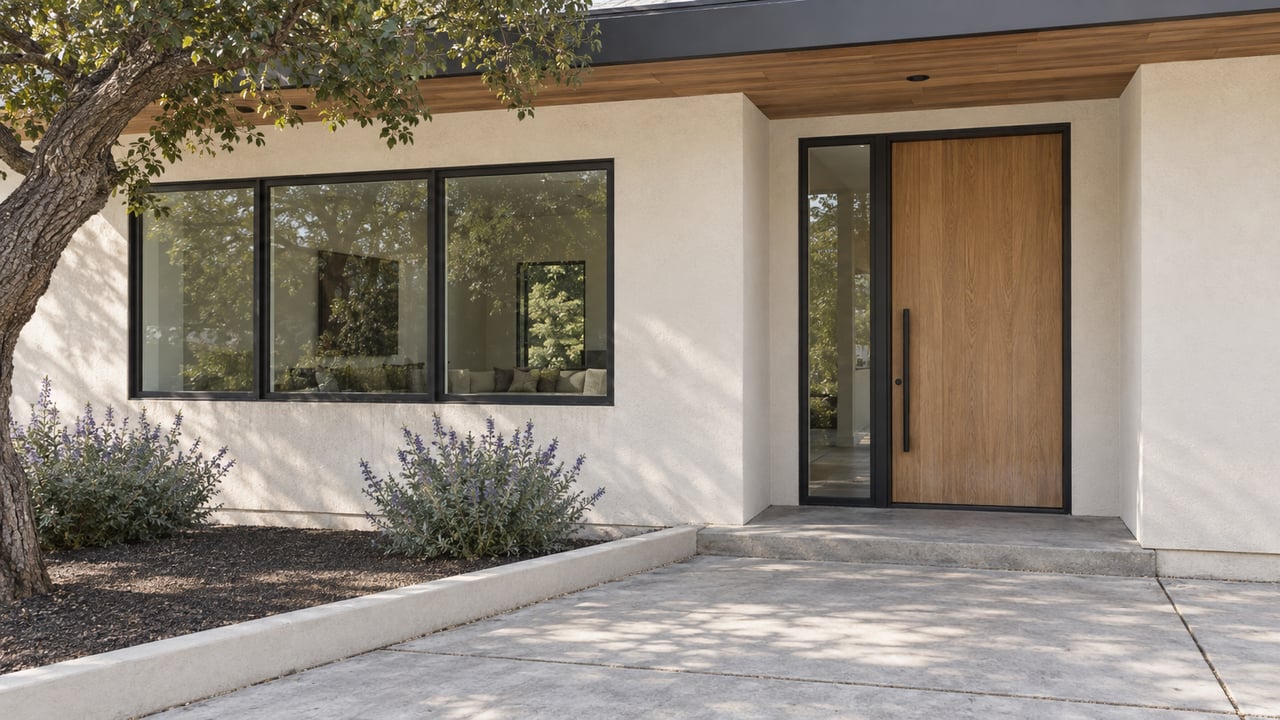 Renovated off-white home with a recessed oak door, black-framed windows, and an oak tree beside the concrete approach.