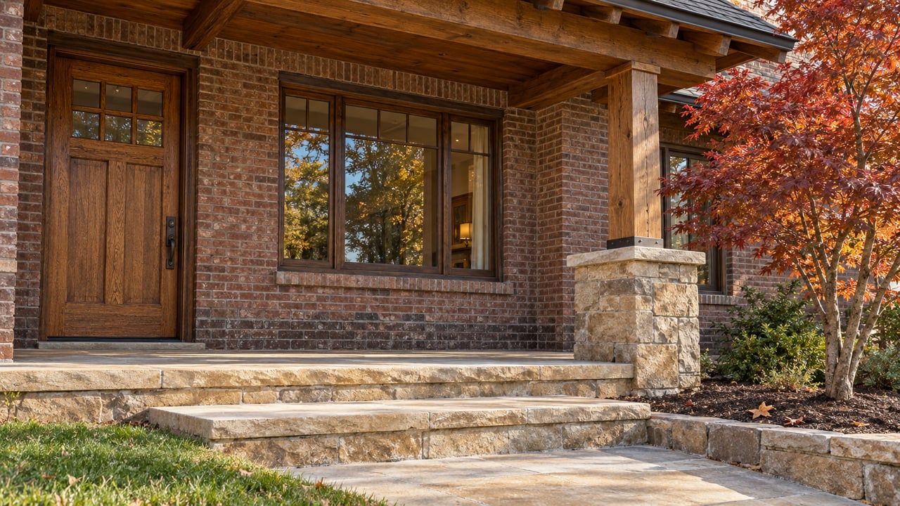 Autumn light across a brick home's timber porch, oak front door and sandstone steps beside a copper-red bigtooth maple.