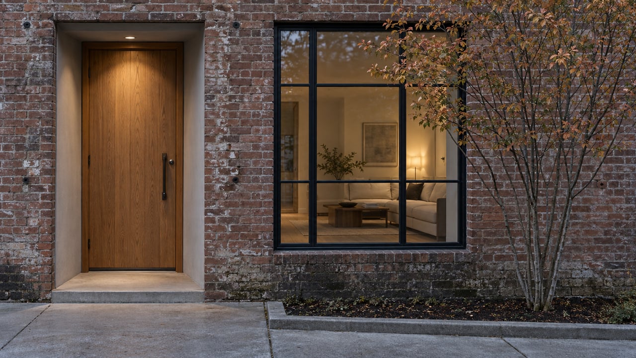 Recessed oak door and tall steel-framed window in a weathered brick facade, with a small tree in a narrow bed.