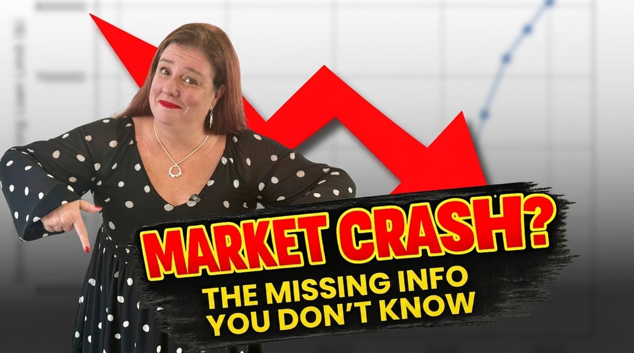 Video thumbnail: “MARKET CRASH? THE MISSING INFO YOU DON'T KNOW,” with a woman pointing beside a falling red arrow.