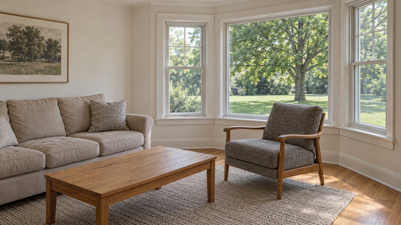 Daylit living room with neutral seating, oak flooring and a glazed bay window overlooking a deep green lawn and mature sugar maple.