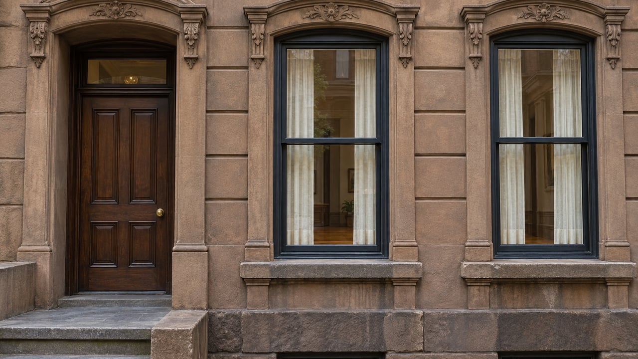 Weathered sandstone townhouse facade with a recessed walnut entrance and two tall sash windows in soft morning light.