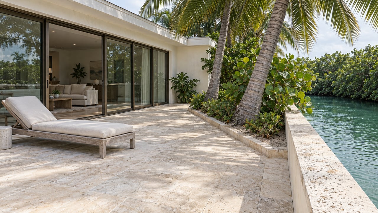 Pale limestone terrace beside a glazed coastal home, with curved coconut palms, sea grapes and a narrow glimpse of green-blue water.