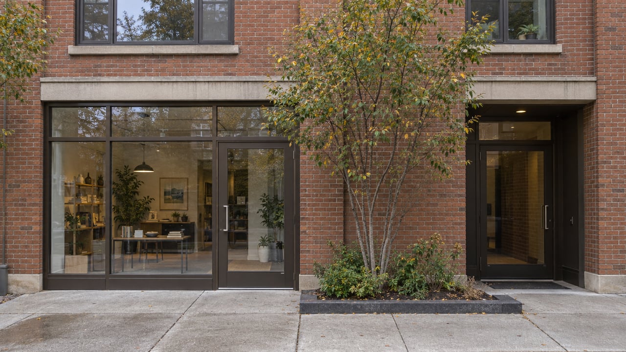 Red-brick mixed-use building with a glass shopfront, recessed apartment entrance, and serviceberry in a raised planting bed.