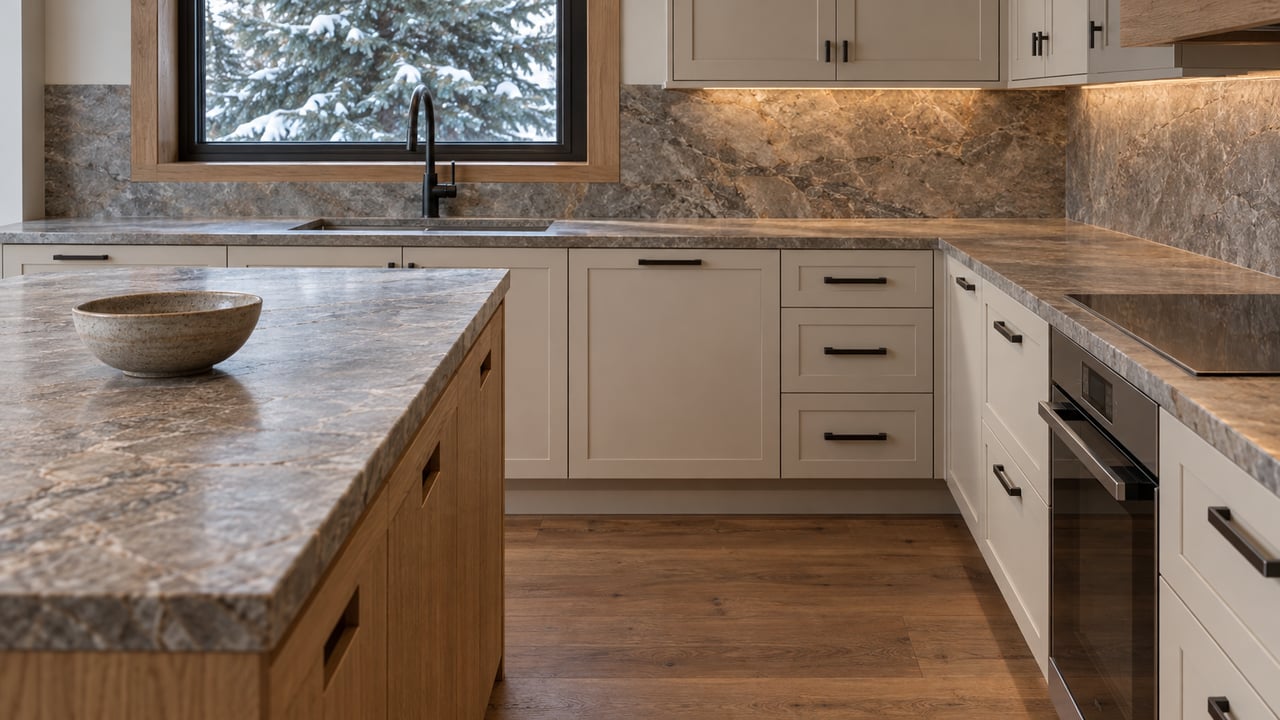 Mountain-modern kitchen with an oak island, gray quartzite counters, ivory cabinetry and a closed window overlooking a snow-dusted spruce.