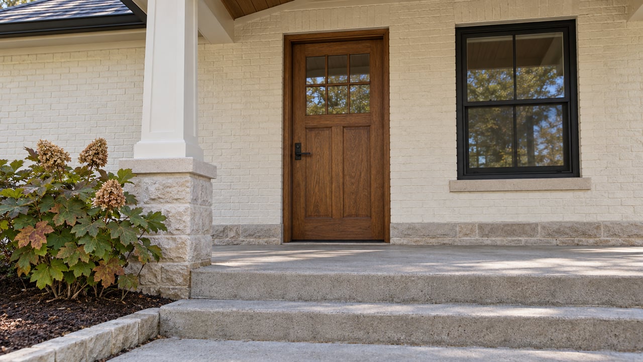 Close view of an ivory-painted brick home entry with an oak door, black-framed window, concrete porch steps and an oakleaf hydrangea.