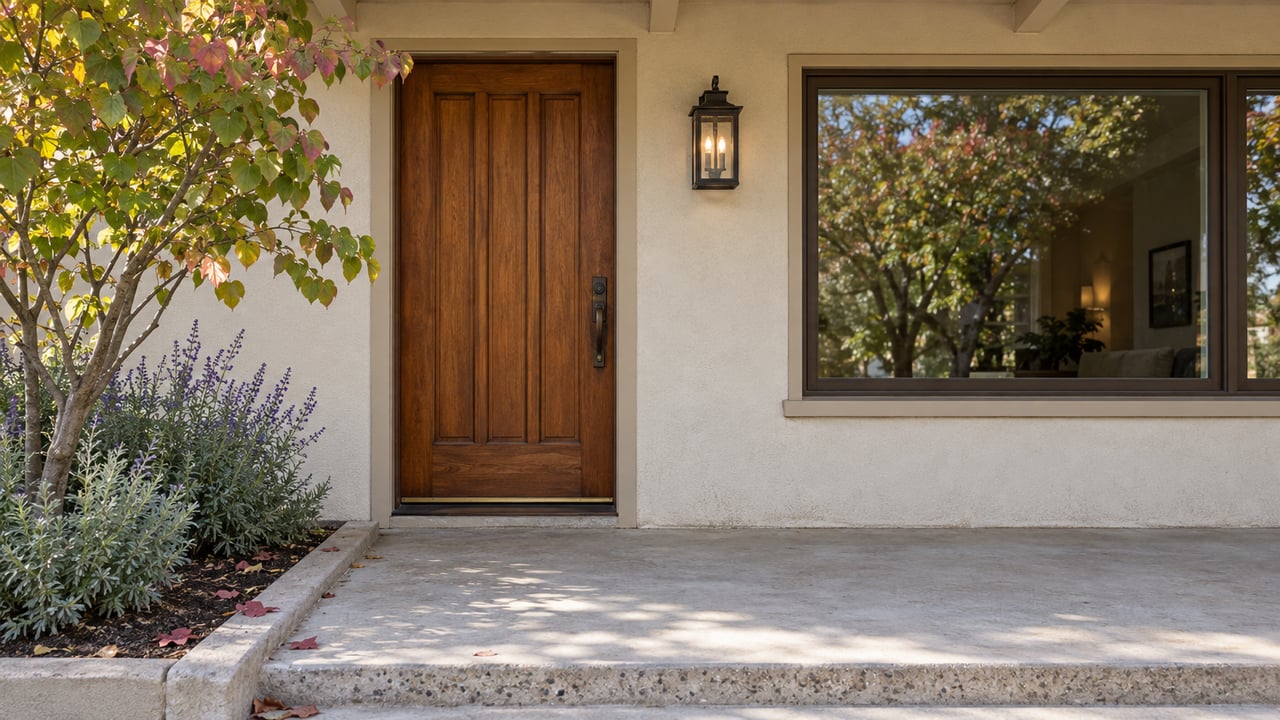 A wood front door and dark-framed picture window beneath a covered porch, with a redbud and sage planting.