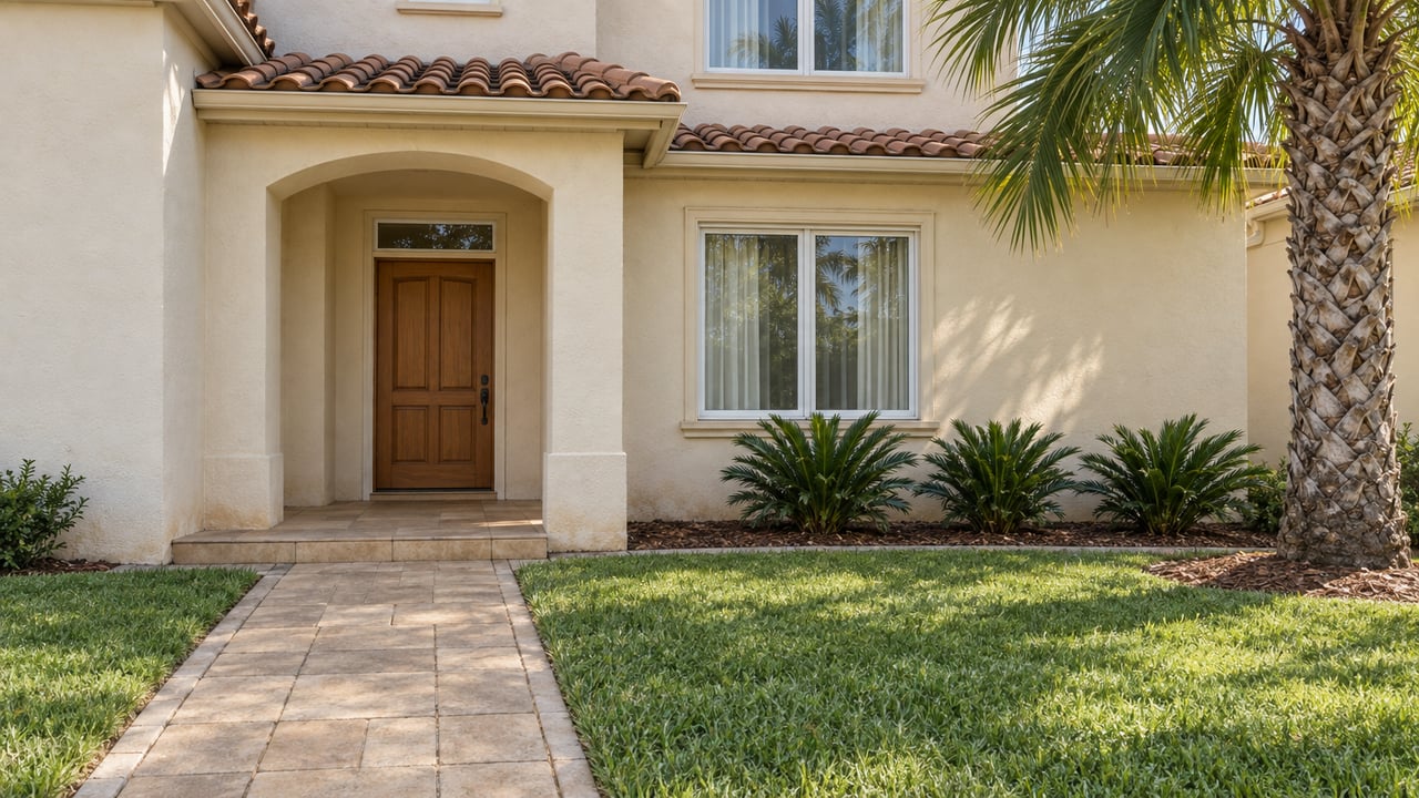 Ivory stucco home with a recessed timber entrance, terracotta tile eave, paver approach and established palm beside a green front lawn.