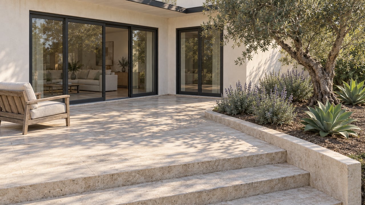 Elevated view of an ivory stucco home with dark-framed glass doors, limestone terrace steps, a teak chair and sculptural olive planting.