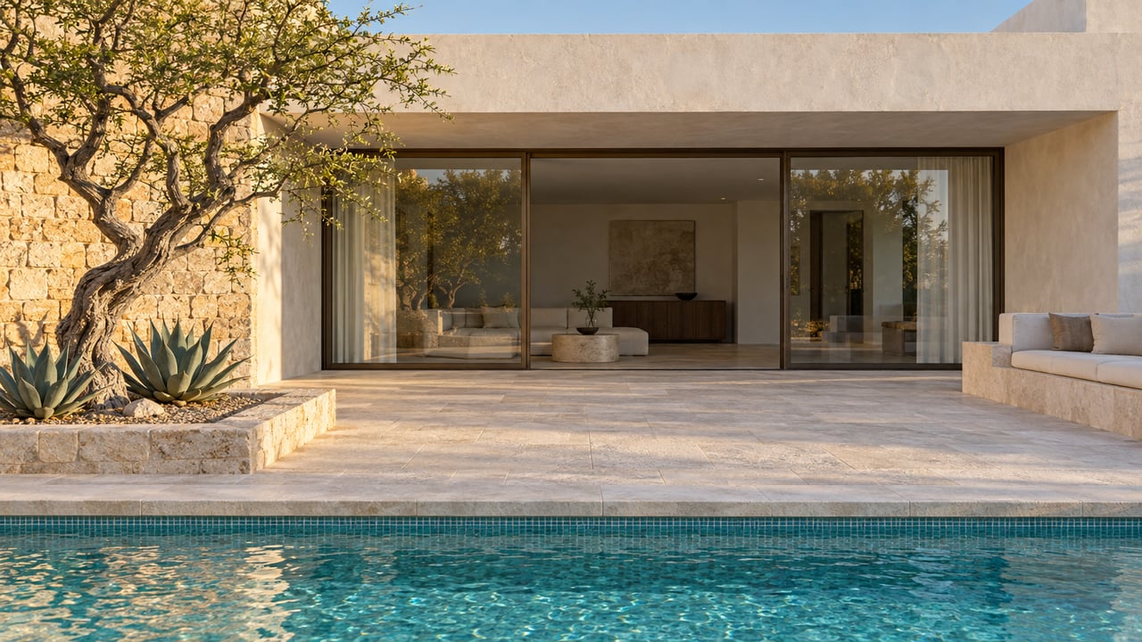 Coastal villa terrace with a turquoise mosaic pool, limestone coping, and a sculptural tree beside the glazed facade.