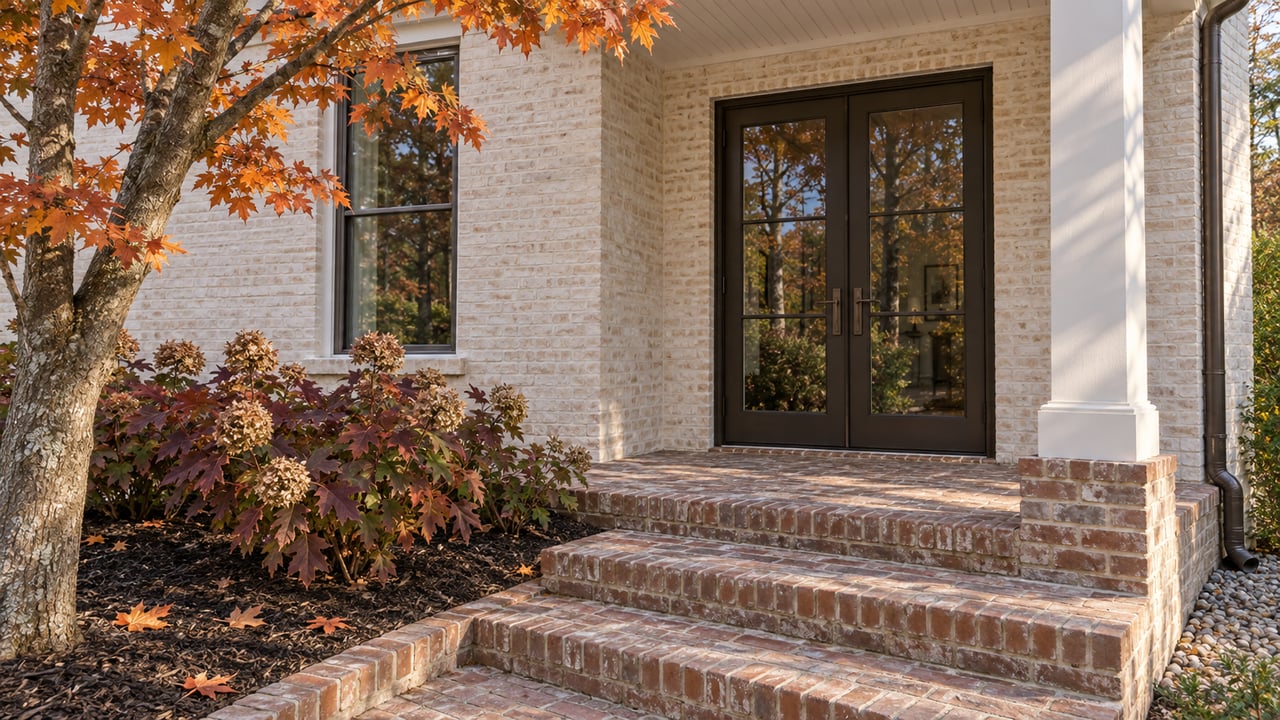 Late-fall sunlight on a limewashed brick home's covered porch, paired bronze-framed doors, brick steps, and copper-colored maple foliage.
