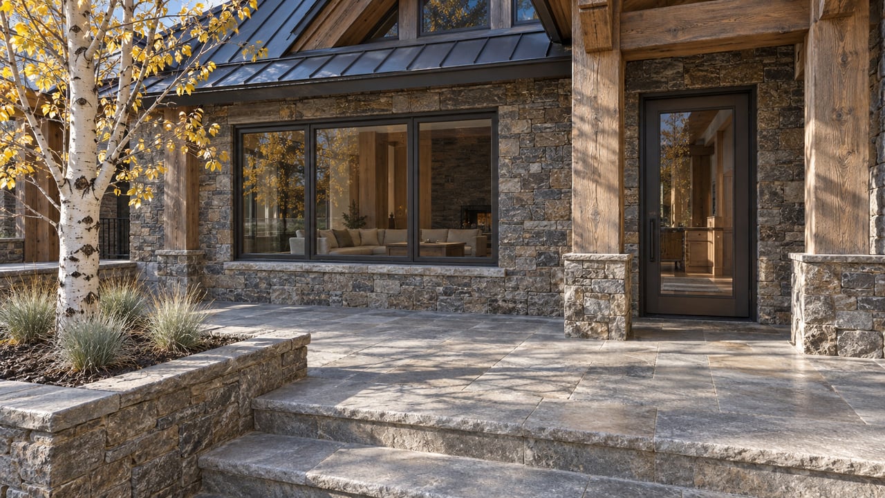 Stone and weathered timber residence with a glazed entry, broad stone terrace steps, and a gold-leaved aspen in a raised masonry planting bed.