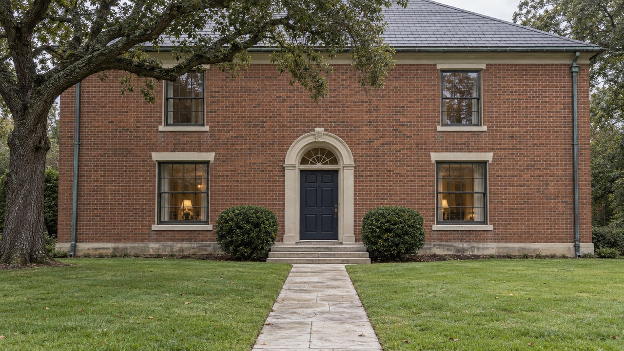 Red-brick estate with a navy entry door, limestone steps, paired windows, and a broad lawn beneath an oak canopy.