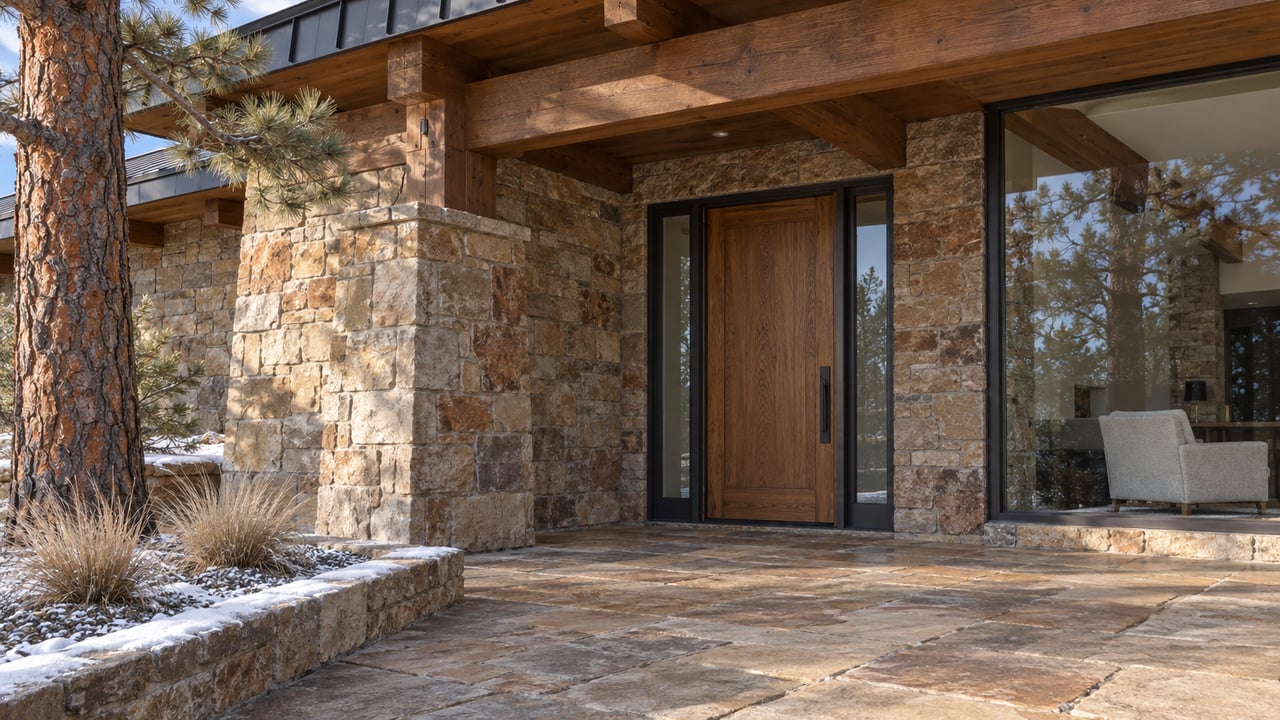 Winter sunlight on a sheltered timber-and-sandstone home entry, with enclosed windows, a broad stone landing and snow beside a pine.