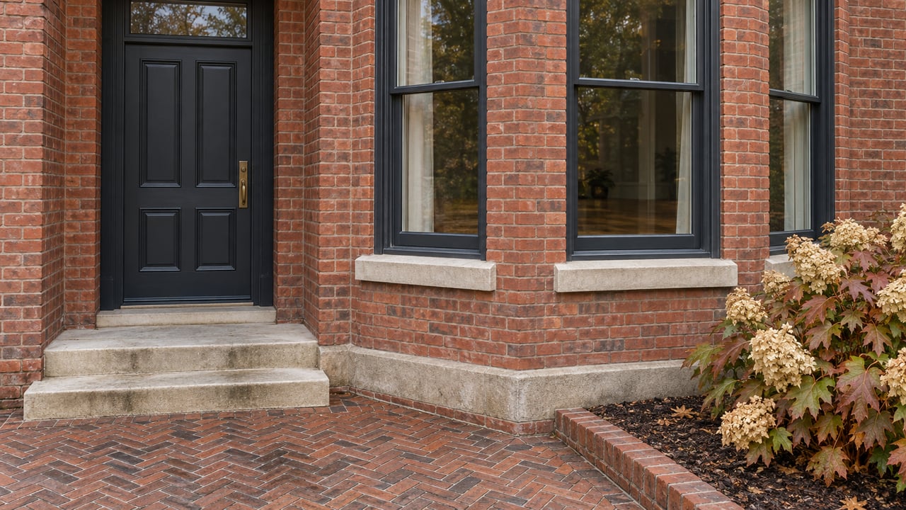 An aged red-brick home with dark framed bay windows, limestone entry steps and a russet-leaved oakleaf hydrangea beside its brick forecourt.
