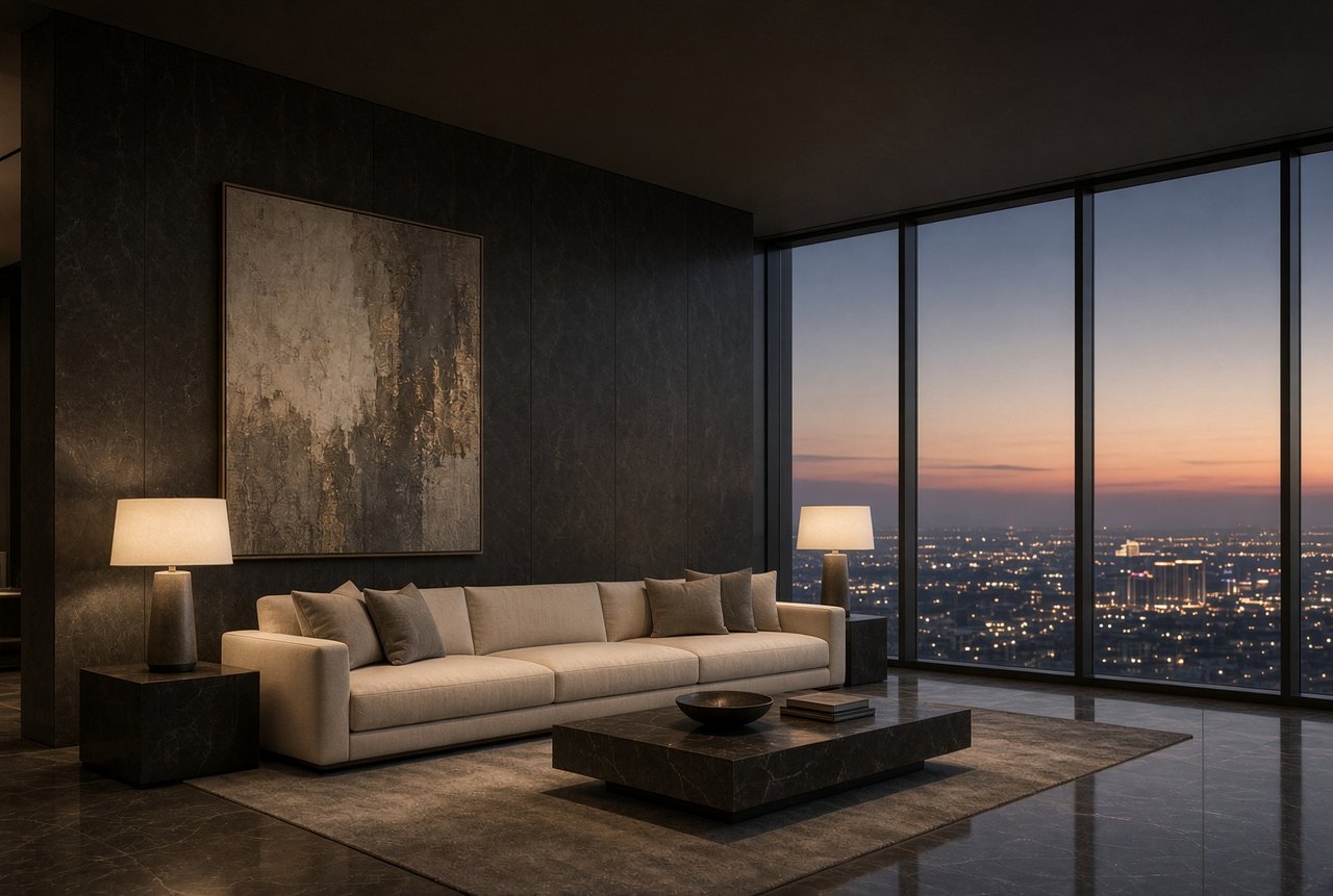 Modern living room with a beige sofa and floor-to-ceiling windows overlooking city lights at dusk.