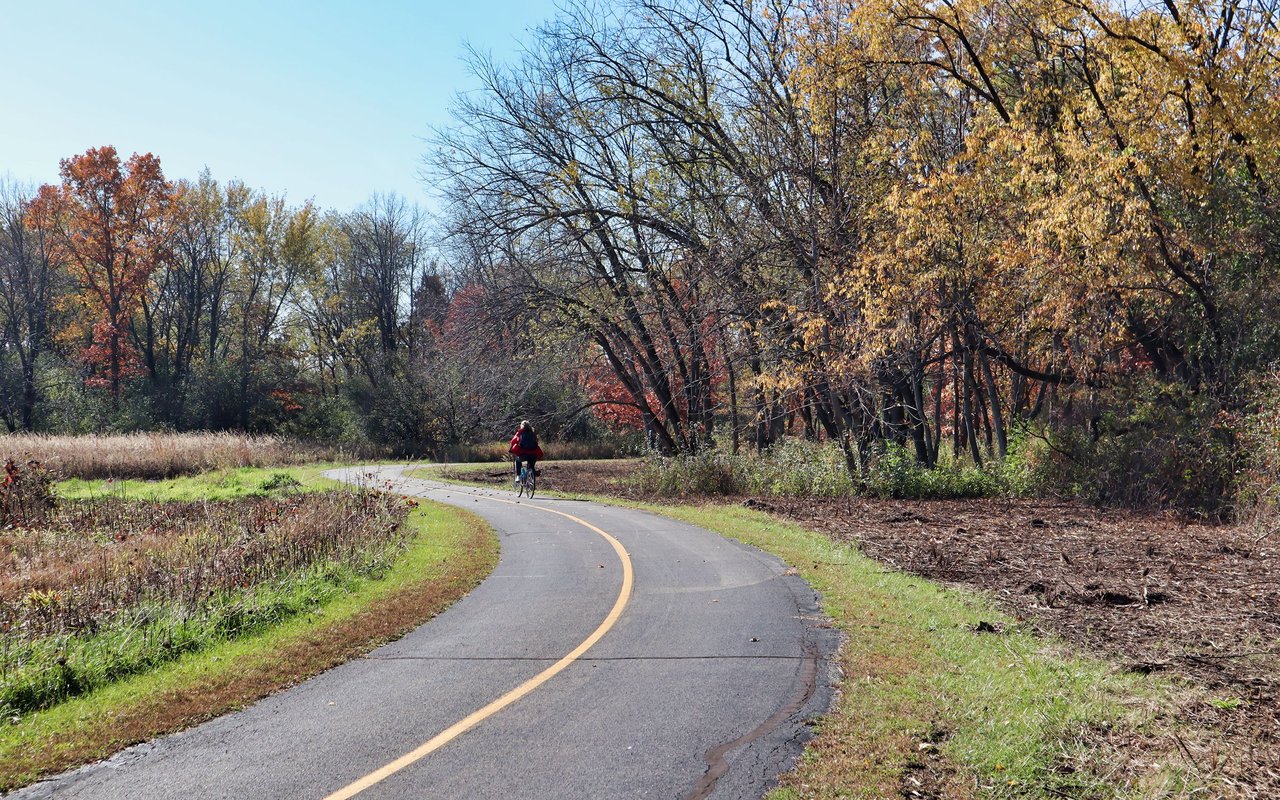 Curving paved trail through autumn trees with a cyclist in the distance.