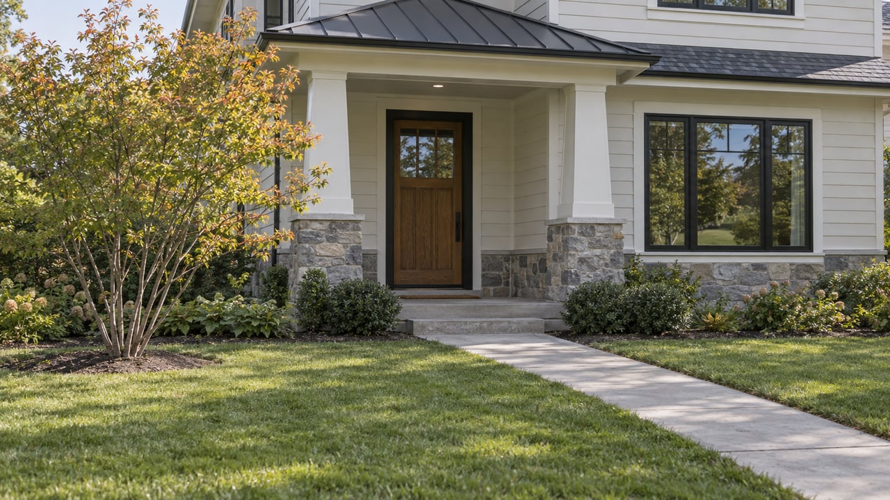 Updated Craftsman entry with off-white siding, stone porch piers, black-framed window, and a concrete walk across the lawn.