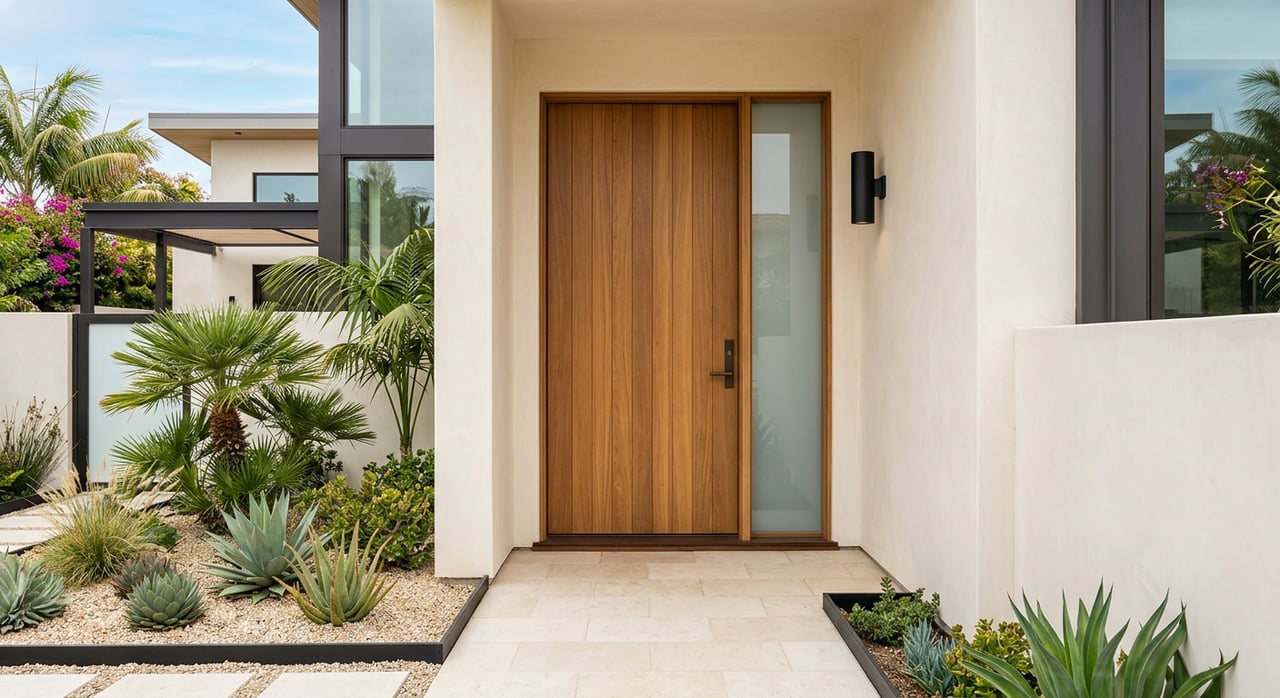 A teak pivot door beside an etched-glass sidelight, set above limestone pavers and tropical planting.