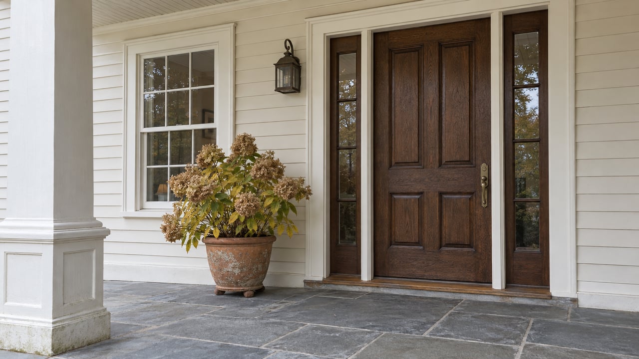 Close architectural view of an oak front door and paired sidelights beside an ivory clapboard wall, sash window, and potted hydrangea on a bluestone porch.