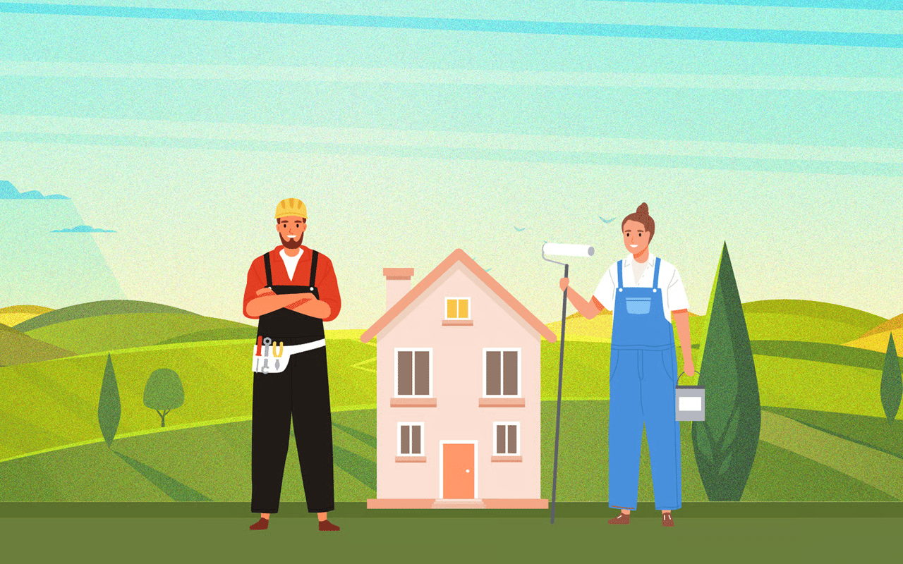 Two home maintenance workers stand beside a house, one holding a paint roller.
