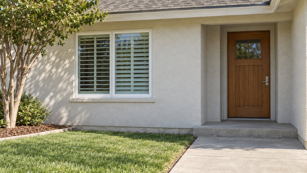 Close exterior view of a stucco home's wood front door, white-framed window, concrete approach and neatly edged lawn.