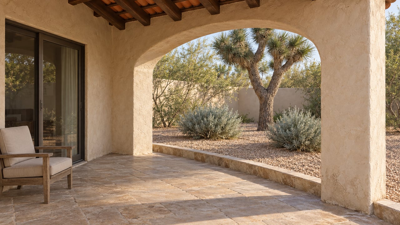 Cream stucco patio arch, weathered clay tiles and tan stone paving beside a teak chair, looking onto a Joshua tree and silver desert sage.