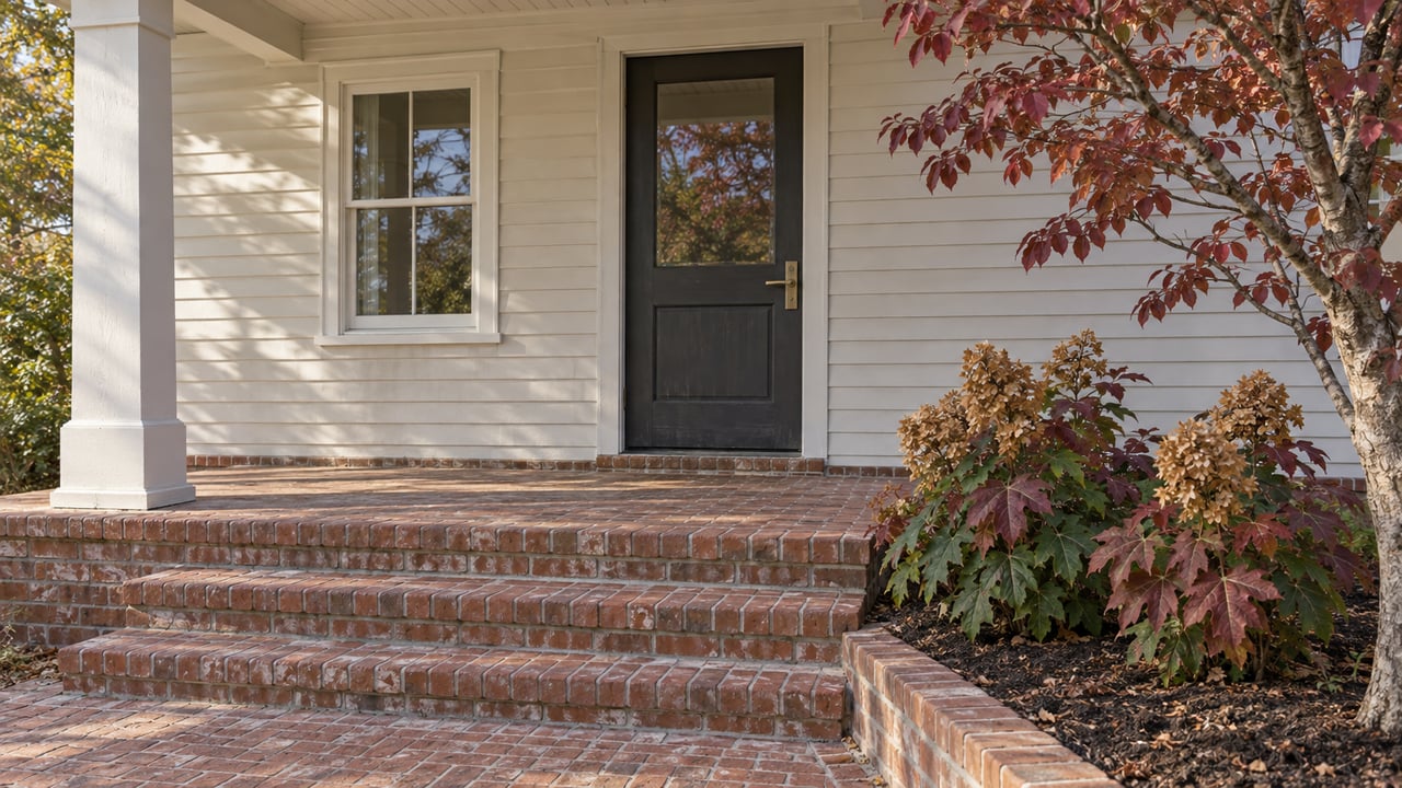 Cream clapboard home with a charcoal door, worn red-brick porch steps and burgundy autumn foliage beside the entry.