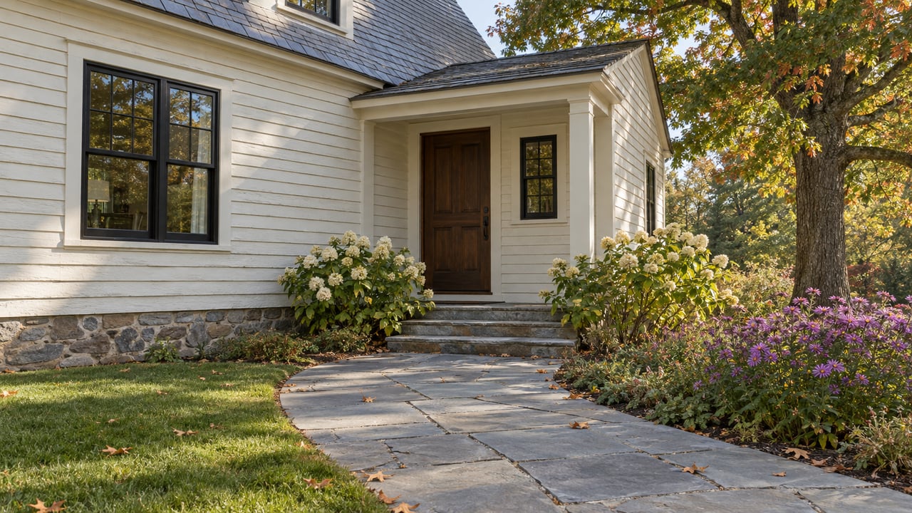 Cream clapboard house with a slate-gray gable, mature oak, and curving bluestone path to the entry.
