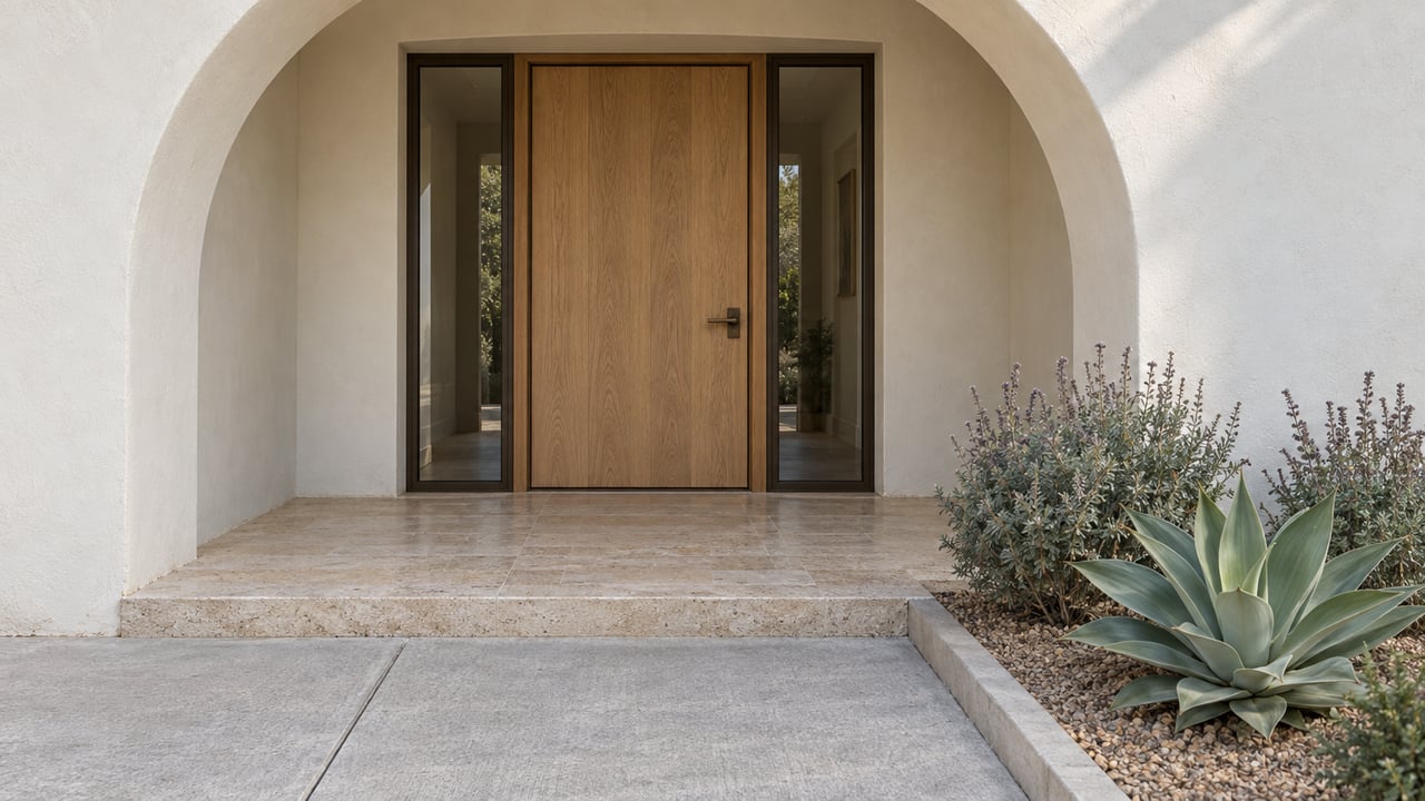 Pale plaster arch around a wood front door and two glazed sidelights, with a stone porch, concrete walk and agave and sage planting.