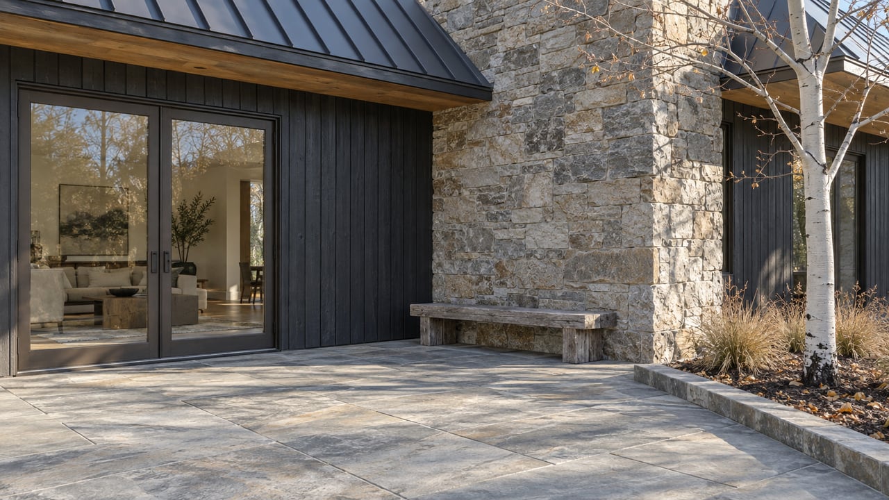 Autumn sunlight on a charcoal-clad home with timber eaves, a stone chimney, glazed doors, and a sandstone terrace beside a leafless aspen.