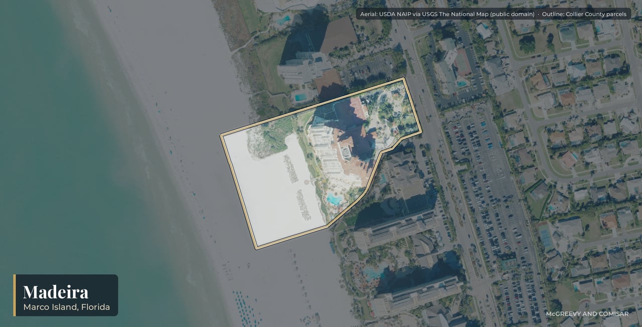 Aerial view of Madeira on Marco Island, Florida, the 2006 beachfront tower at 350 South Collier Boulevard beside the JW Marriott resort