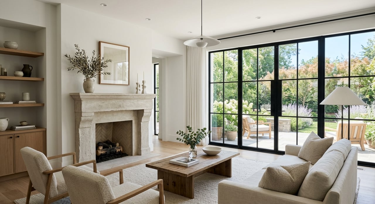 Living room with a limestone fireplace, black-framed sliding doors, and patio plants beyond.