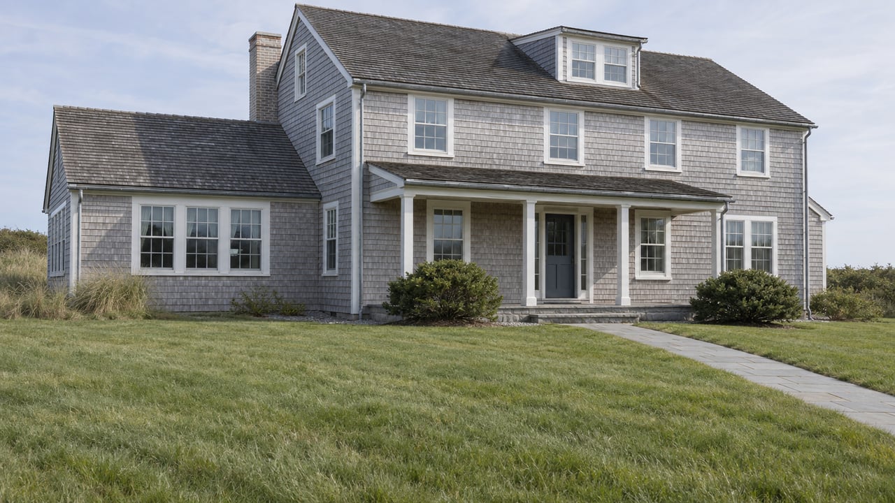 Two-story cedar-shingled house with a small dormer, bluestone approach, and broad lawn.