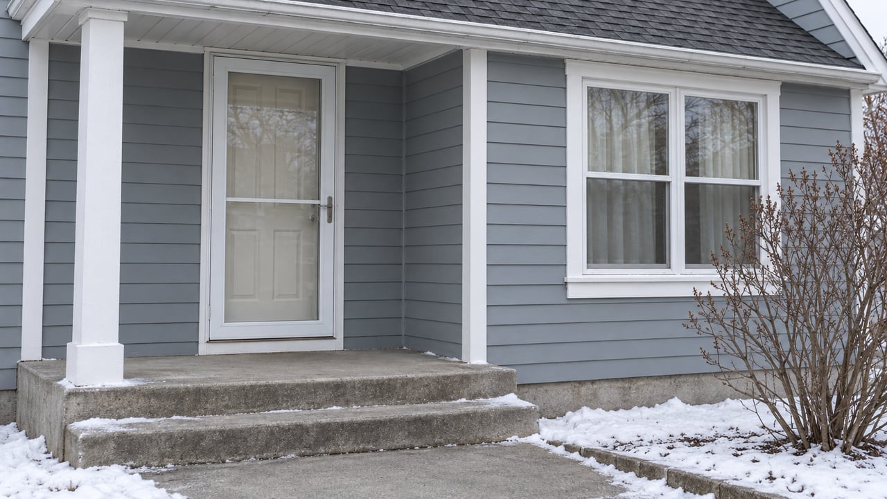 Gray-blue cottage entry with a glazed storm door, white-trimmed window and concrete steps edged by settled snow.