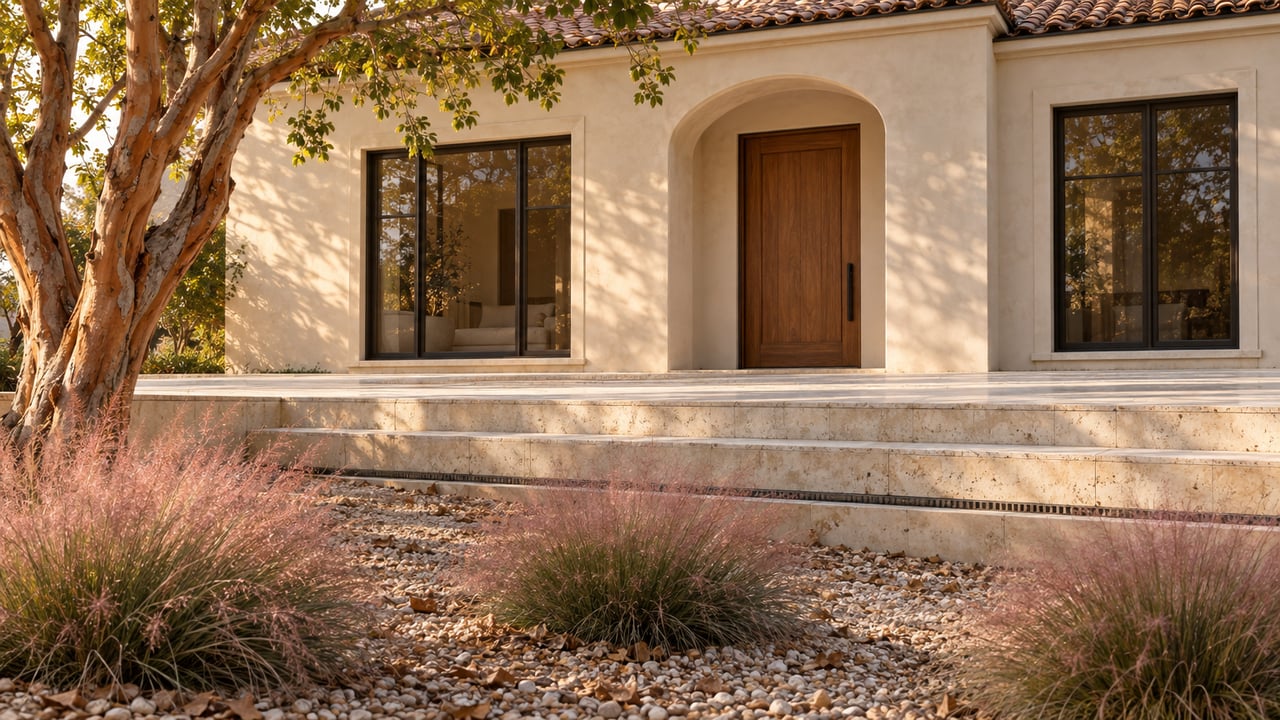 Cream stucco home with a wood entry door, raised stone terrace, and grasses in a gravel depression.