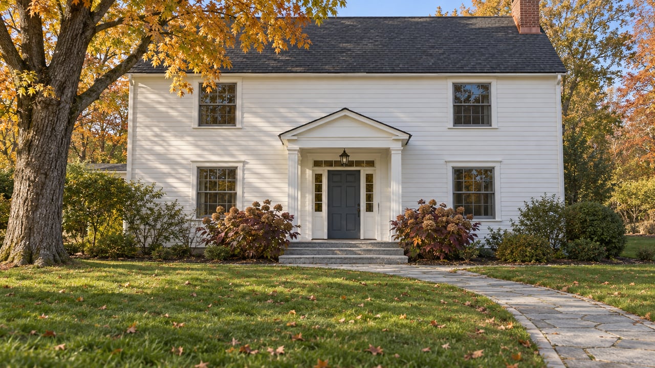 White clapboard home with a slate-blue entry, granite approach and mature orange-leaved maple above a deep autumn lawn.