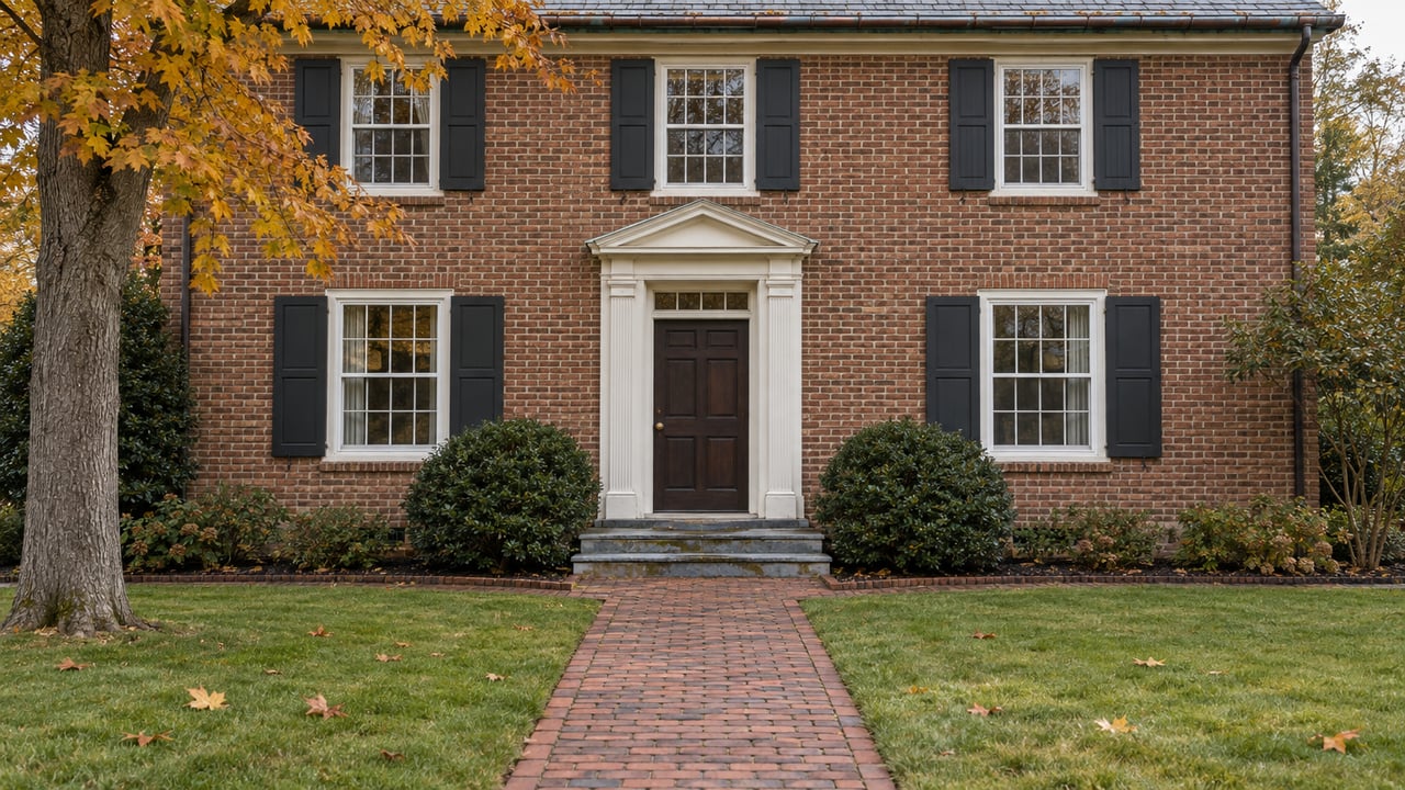 Red-brown brick home with white sash windows, dark shutters and an oak entry beyond a brick walk and autumn lawn.