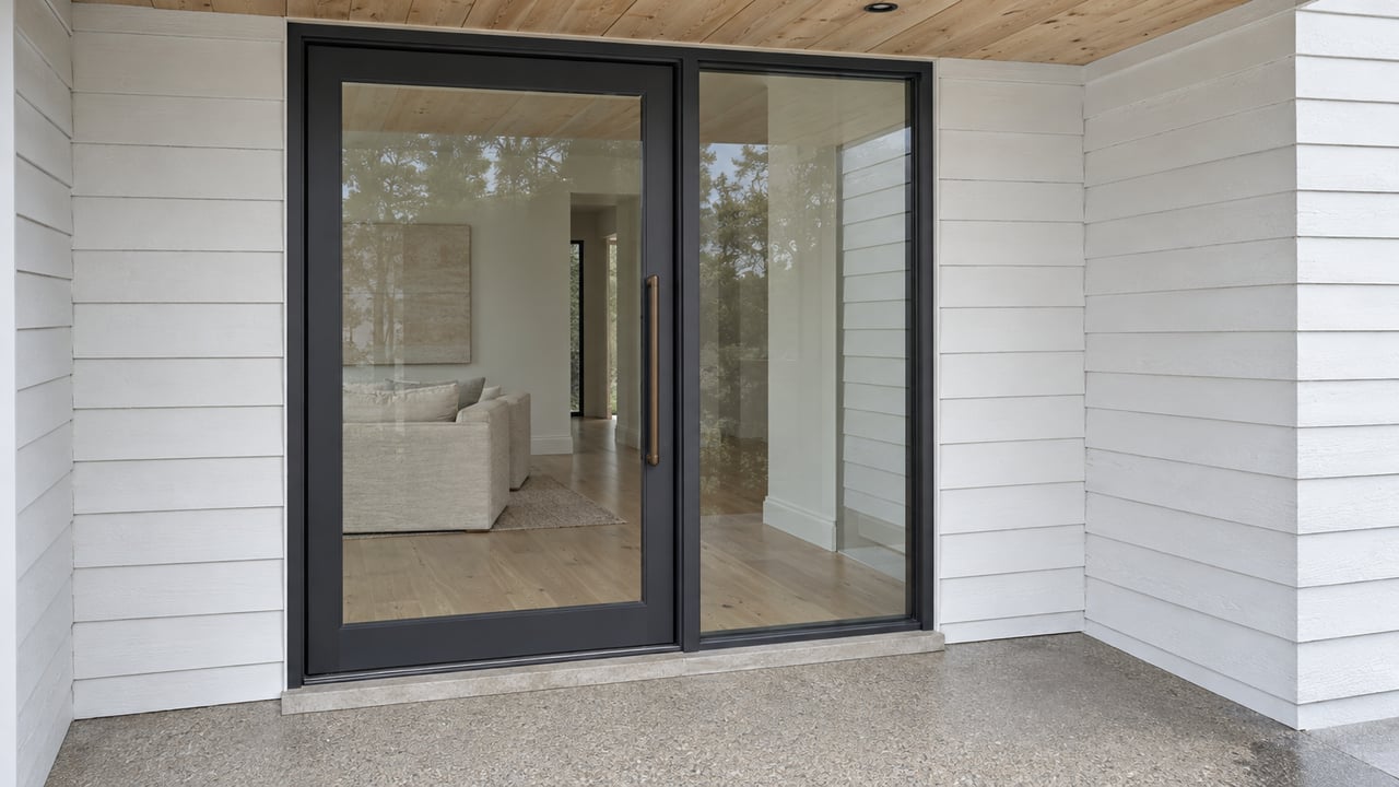 Covered home entrance with white siding, pale timber ceiling, a charcoal-framed glass door and a shell-aggregate concrete landing.