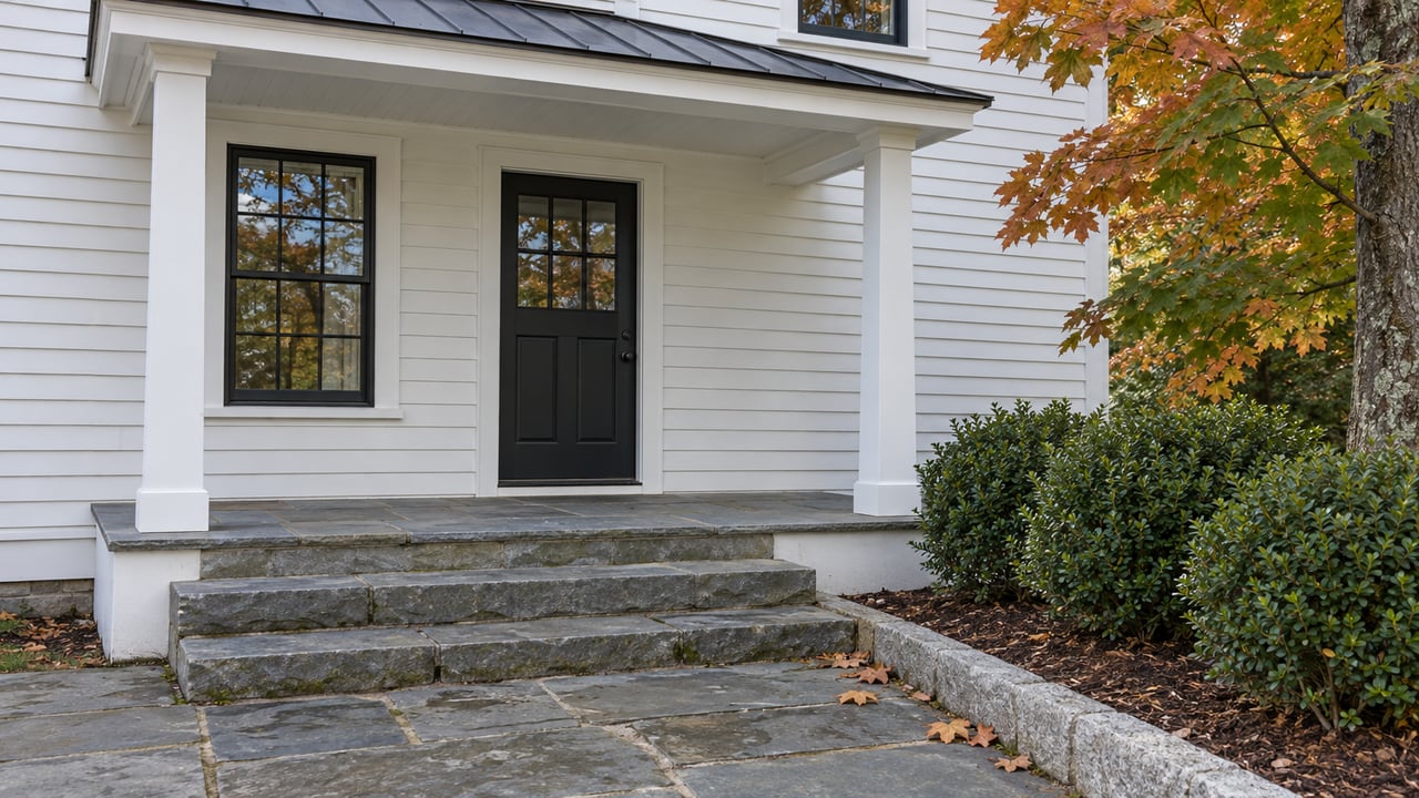 White clapboard home entrance with a black door, broad stone steps, and autumn foliage.
