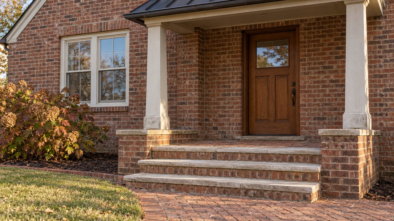 Brick home entrance with a covered porch, wooden door, and broad brick steps.