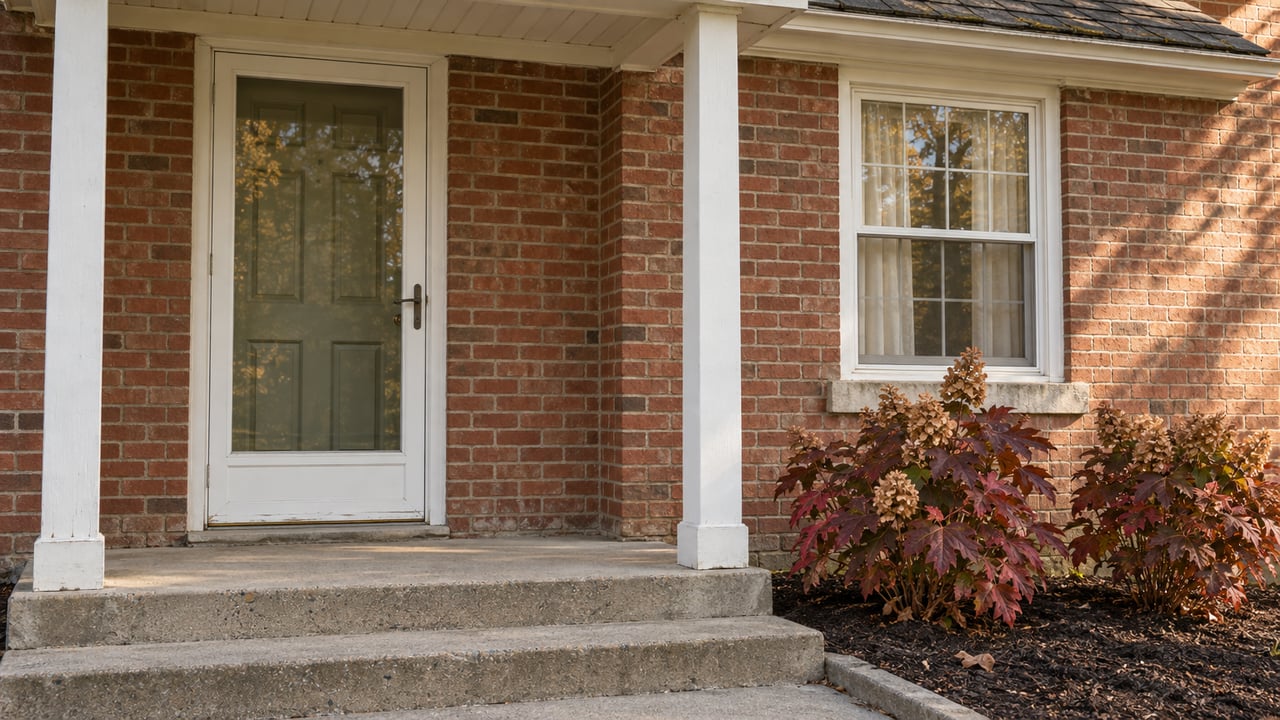 Brick home entry with a white glass storm door, concrete steps, limestone window sill, and burgundy oakleaf hydrangeas.