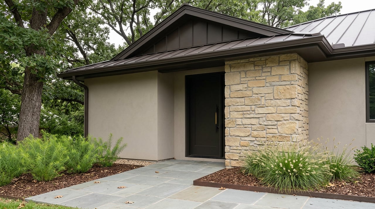 Covered entry with a dark metal gable, bronze-black door, sandstone pier, and leafy oak canopy.